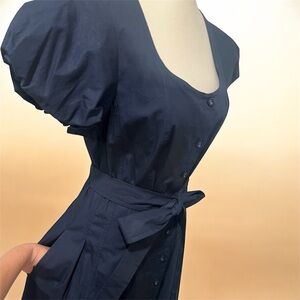 Elie Tahari Navy Blue Button Front Midi Dress Tie Waist Puff Sleeve Size 8 $375